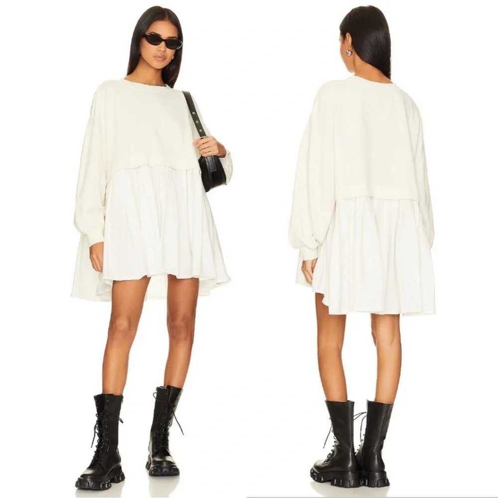 Free People Eleanor Pleated Trapeze Sweatshirt Mini Dress Size Small Oversized